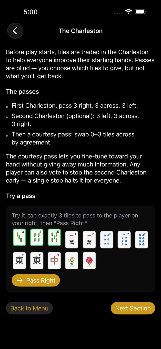 The guided tutorial teaching the Charleston, with a hands-on exercise to pick three tiles to pass