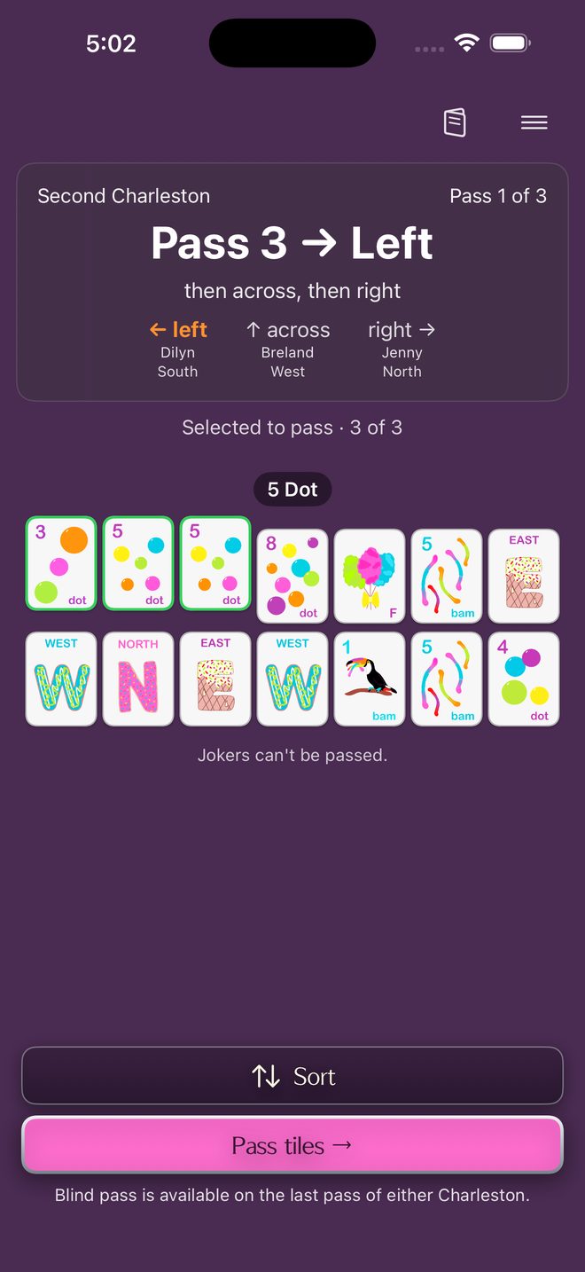 Choosing three tiles to pass during the Charleston, on the Sweets tile set