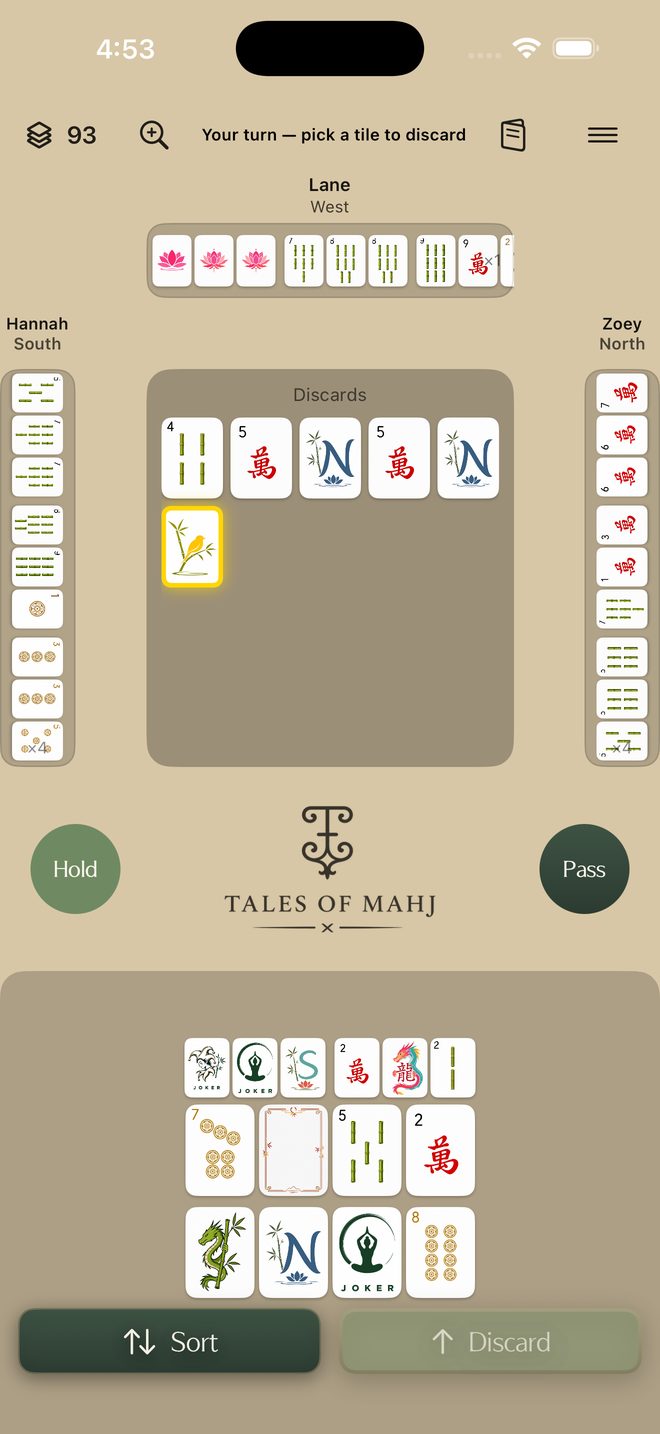 Mid-hand on the Zen tile set, with exposed groups on the racks